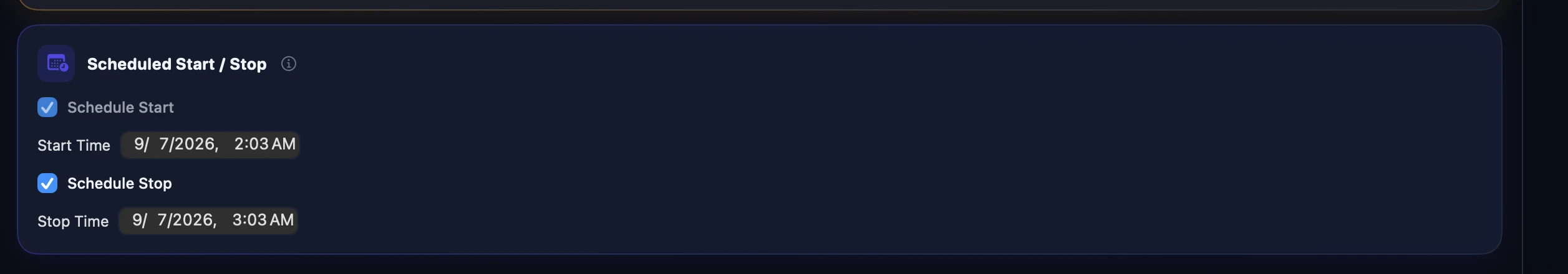 Scheduled Start and Stop Settings